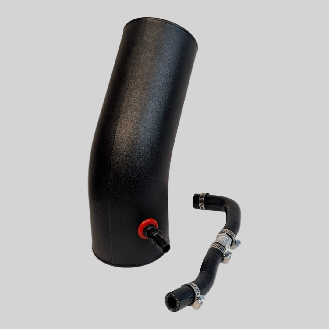 Black air filter housing with a hose on a white background