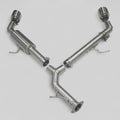 A stainless steel axle back exhaust system for a vehicle, featuring a Y-shaped main pipe with side branches and brushed stainless tips.