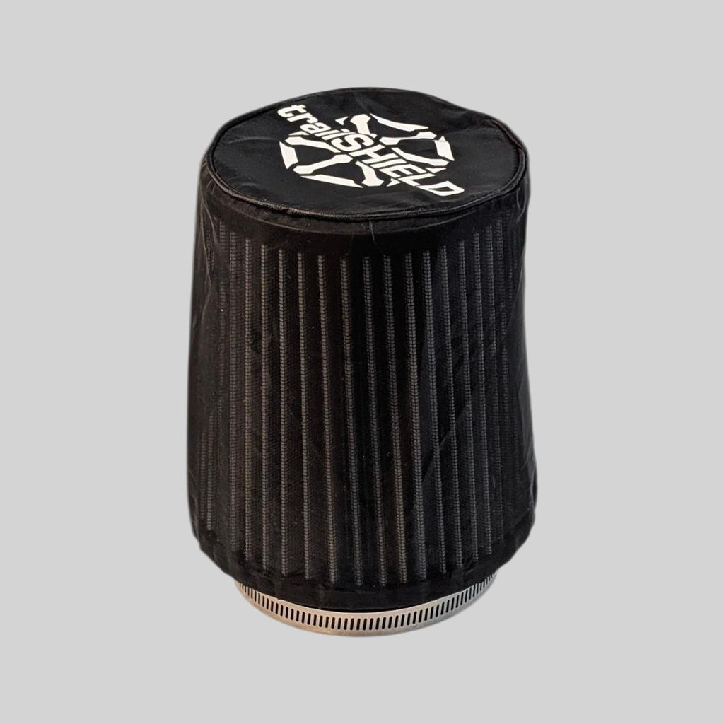 Black air filter with a brand logo on a white background